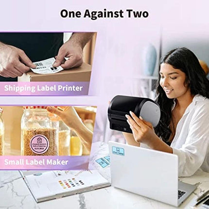 Phomemo Bluetooth Thermal Label Printer for Shipping and Barcodes showing woman printing shipping and small product labels from laptop