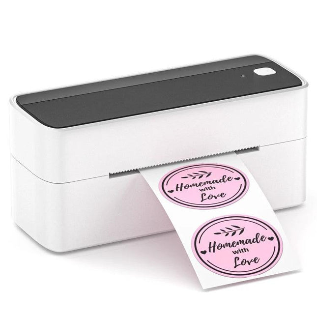 Phomemo Bluetooth Label Printer for Addresses and Shipping printing round pink 'Homemade with Love' stickers via Bluetooth for small business shipping and labeling