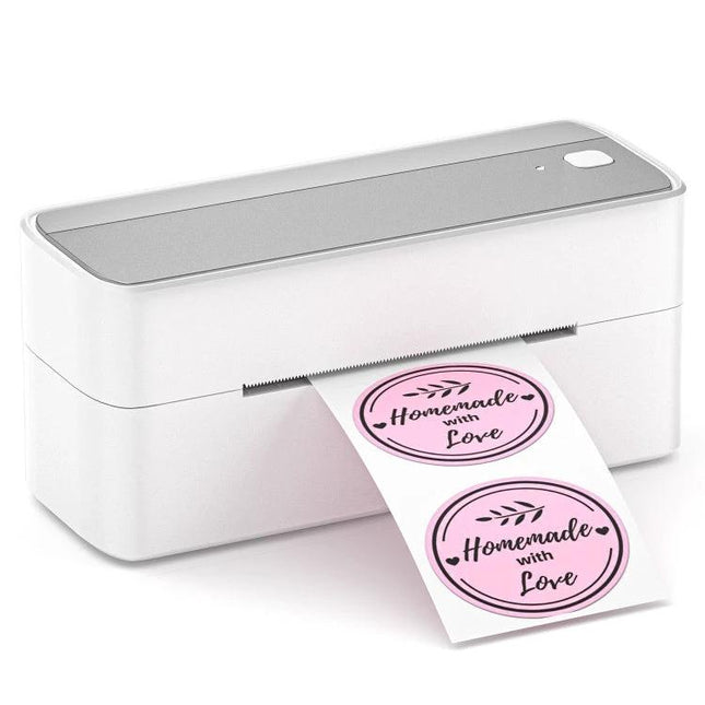 Phomemo Bluetooth Label Printer for Addresses and Shipping printing round pink 'Homemade with Love' stickers via Bluetooth for small business shipping and labeling