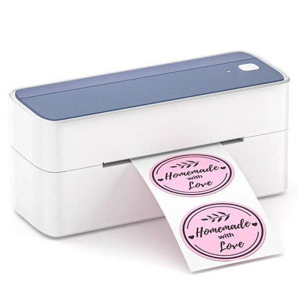 Phomemo Bluetooth Label Printer for Addresses and Shipping printing round pink 'Homemade with Love' stickers via Bluetooth for small business packaging