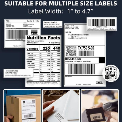 Phomemo Bluetooth Label Printer for Addresses and Shipping printing various address, shipping and product labels including nutrition facts and barcodes