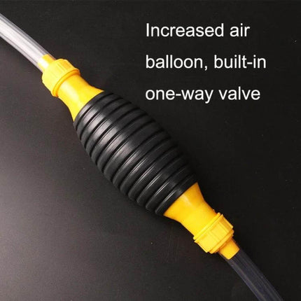 Manual Oil Pump for Vehicle Oil Transfer with Flexible Hose shown hand pump bulb with one-way valve and clear flexible hose for clean oil transfer