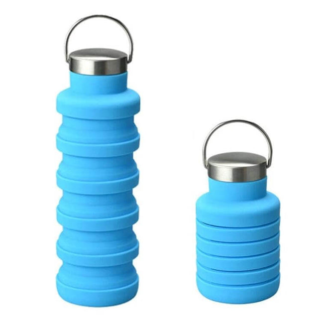 Alt Tag: Outdoor Silicone Telescopic Cup 500ml For Travel And Everyday Use collapsible blue silicone cup with stainless steel lid for hiking and camping