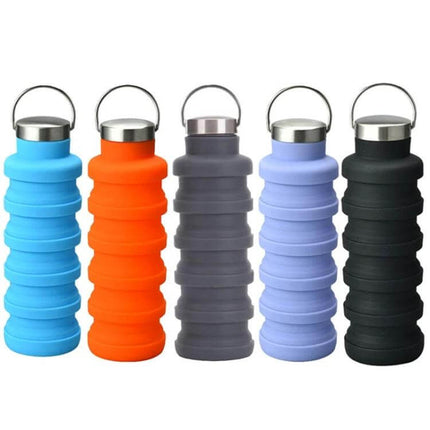 Outdoor Silicone Telescopic Cup 500ml For Travel And Everyday Use - five collapsible silicone cups in blue, orange, gray, lavender and black with stainless lids