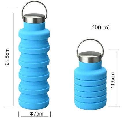 Outdoor Silicone Telescopic Cup 500ml For Travel And Everyday Use - collapsible blue silicone bottle with stainless lid showing 21.5cm extended and 11.5cm collapsed