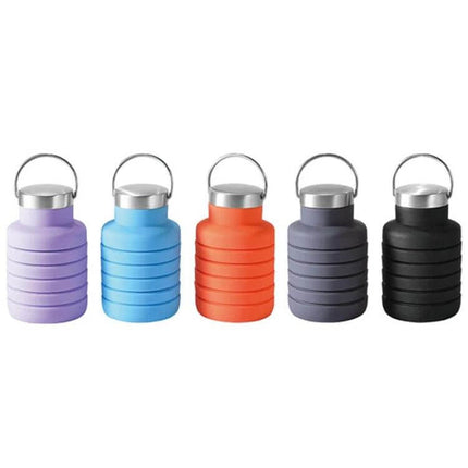 Outdoor Silicone Telescopic Cup 500ml For Travel And Everyday Use - five collapsible silicone cups in purple blue red gray and black with stainless lids