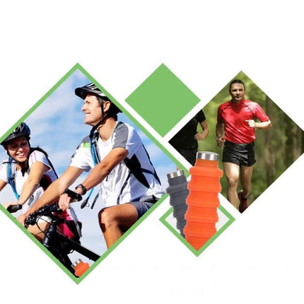 Outdoor Silicone Telescopic Cup 500ml For Travel And Everyday Use - collapsible orange silicone cup with stainless steel lid shown with cyclists and runner