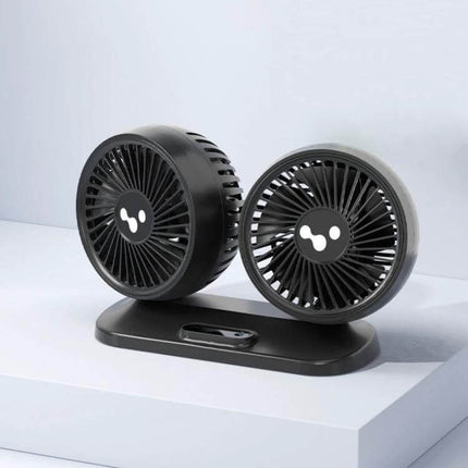 Car Dual Head USB Fan For Backseat Cooling And Comfort - black dual-head USB car fan with independent controls and three-speed settings for rear seats