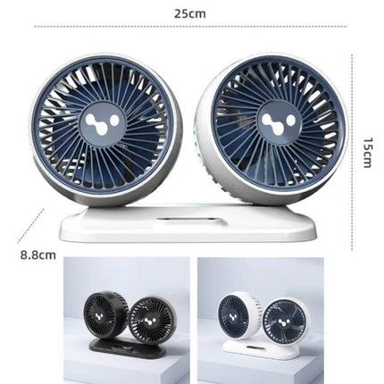Car Dual Head USB Fan For Backseat Cooling And Comfort - compact dual-head USB fan with independent controls and three-speed airflow for rear passengers