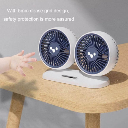 Car Dual Head USB Fan For Backseat Cooling And Comfort - compact dual-head USB fan on base with 5mm safety grid and independent controls for rear passengers
