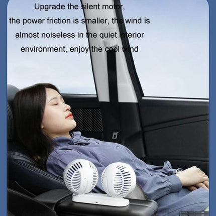 Car Dual Head USB Fan For Backseat Cooling And Comfort showing dual-head fans on car armrest cooling a relaxed rear passenger