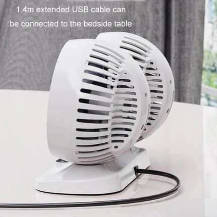 Car Dual Head USB Fan For Backseat Cooling And Comfort — white dual-head USB car fan on table with 1.4m cable, adjustable independent heads and three-speed control