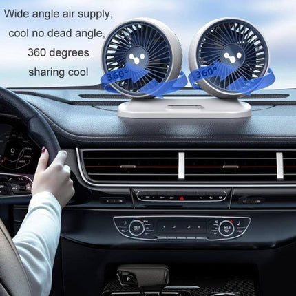 Car Dual Head USB Fan For Backseat Cooling And Comfort on car dashboard showing dual 360° adjustable heads and wide-angle rear airflow