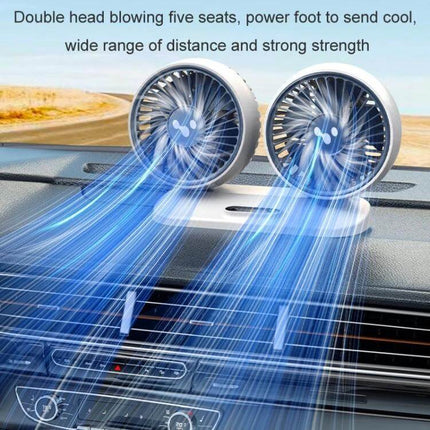 Car Dual Head USB Fan For Backseat Cooling And Comfort showing dual adjustable heads mounted on dash blowing wide-angle airflow to rear seats with three-speed control