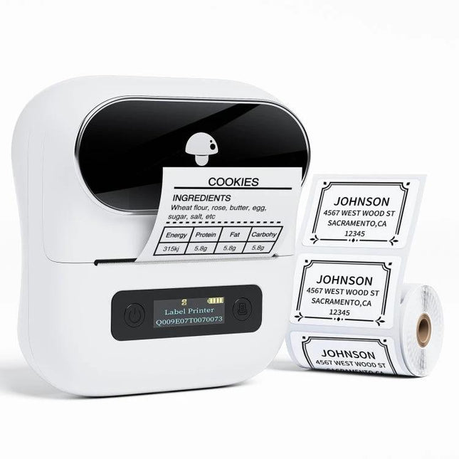 Phomemo Bluetooth Label Printer for Jewelry and Clothing Tags compact white label printer printing ingredient and address tags for small business