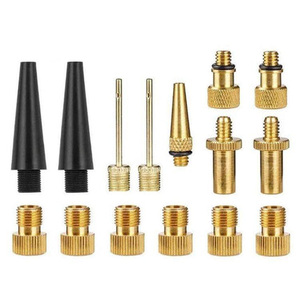 Bicycle Valve Adapter Set for Pumps Universal Fit Kit showing copper and plastic adapters for various valve types and pump compatibility