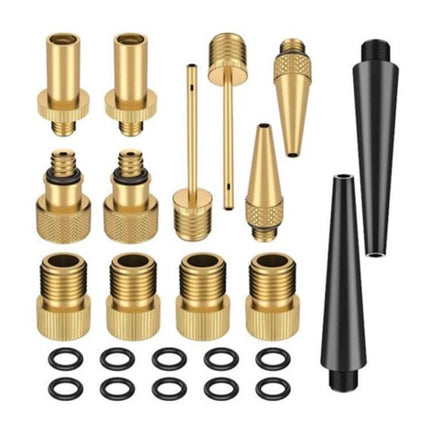 Bicycle Valve Adapter Set for Pumps Universal Fit Kit showing copper and plastic adapters, needles and O-rings for bike tires and sports balls