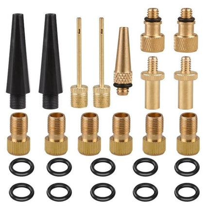 Bicycle Valve Adapter Set for Pumps Universal Fit Kit - copper and plastic adapters, needles, cones and O-rings for bike and car pumps