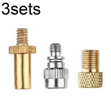 Bicycle Valve Adapter Set for Pumps Universal Fit Kit - close-up of three brass and metal valve adapters (3 sets)