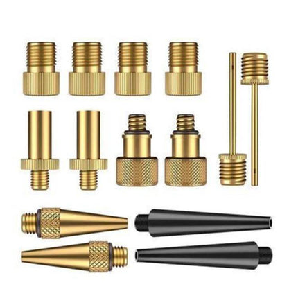 Bicycle Valve Adapter Set for Pumps Universal Fit Kit showing copper core brass adapters and plastic nozzles for bike, car, and sports inflators