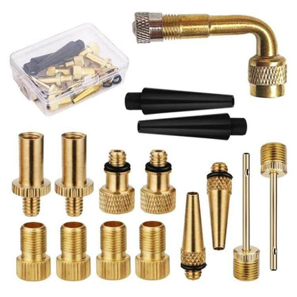 Bicycle Valve Adapter Set for Pumps Universal Fit Kit showing copper and plastic adapters, pumps and compressor fittings in storage case