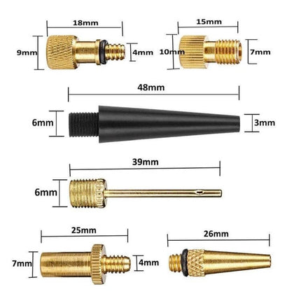 Bicycle Valve Adapter Set for Pumps Universal Fit Kit showing brass adapters, cone nozzle and needle with measurements for bike and car pumps