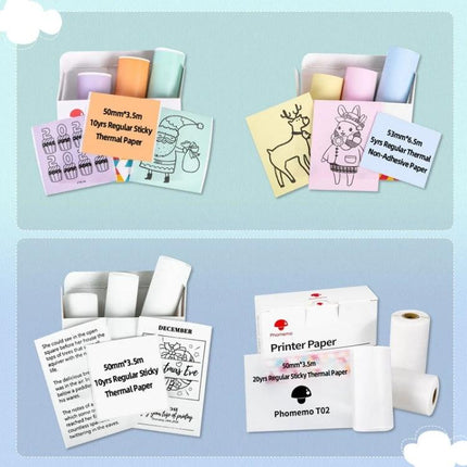 Phomemo Thermal Label Paper Rolls for T02 Printer Use showing colorful and white thermal label rolls, waterproof oilproof, no ink needed