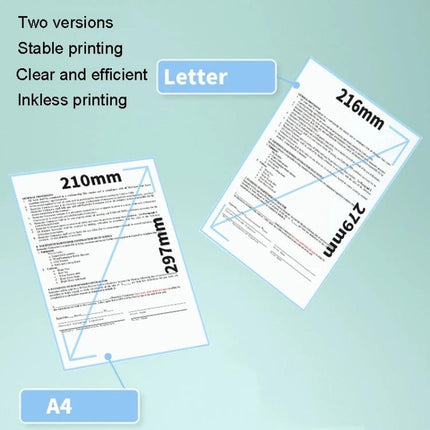 Phomemo A4 Thermal Paper for Portable Printers and Documents showing A4 and Letter size comparisons and stable inkless printing features