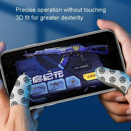 Finger Covers for Everyday Mobile Gaming Convenience showing two thumb sleeves on hands improving grip and precision while playing shooter game on smartphone