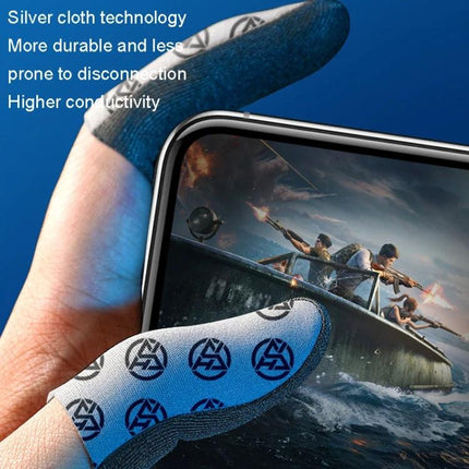 Finger Covers for Everyday Mobile Gaming Convenience - close-up of silver cloth fingertip covers on a phone for improved grip and touch control