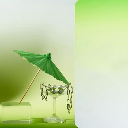 Gradient Background Paper for Portrait Photography, 106x144cm green gradient backdrop with drink prop and jewelry under umbrella
