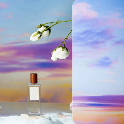 Gradient Background Paper for Portrait Photography, 106x144cm - pastel sky backdrop with perfume bottle and white flowers