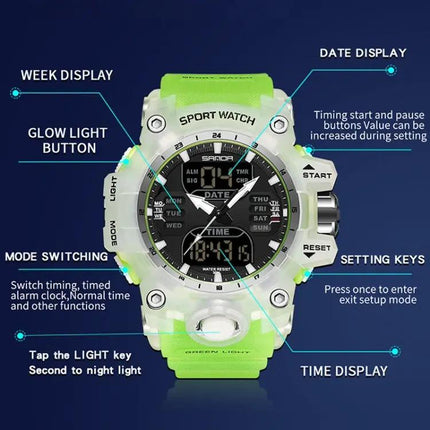 SANDA Digital Sports Watch Green Backlight Alarm Waterproof | Syndmart