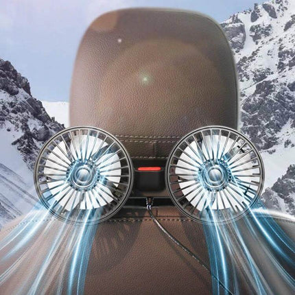 Dual Head Car Rear Seat USB Fan For Back Seat Comfort showing dual rotating fans mounted on headrest blowing cool air to rear passengers