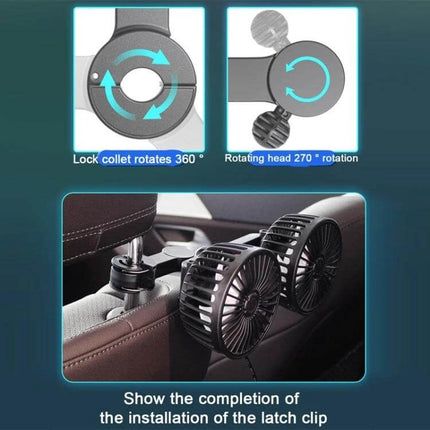 Dual Head Car Rear Seat USB Fan For Back Seat Comfort - dual rotating USB-mounted rear seat fan clips to headrest for targeted back-seat cooling and moisture reduction