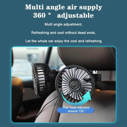 Dual Head Car Rear Seat USB Fan For Back Seat Comfort - dual-head 360° adjustable USB fan mounted on headrest delivering targeted rear-seat cooling and moisture reduction