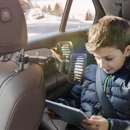 Dual Head Car Rear Seat USB Fan For Back Seat Comfort providing targeted 360° cooling for rear passengers and pets, USB‑powered, compact mount