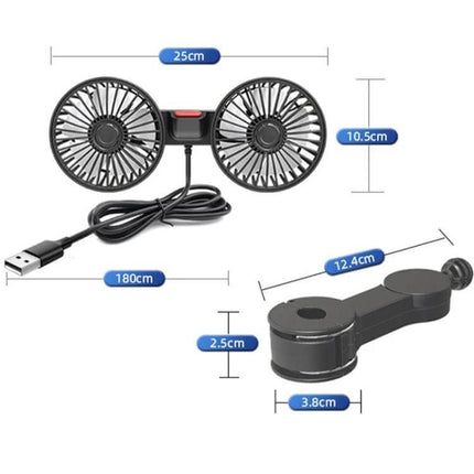 Dual Head Car Rear Seat USB Fan For Back Seat Comfort - dual-head USB fan with 360° rotation, 25cm width, 180cm cable, and compact mount for rear passengers
