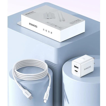 ROMOSS Charger for Daily Phone Use at Home or Travel - compact white dual-port wall charger with USB cable and packaging