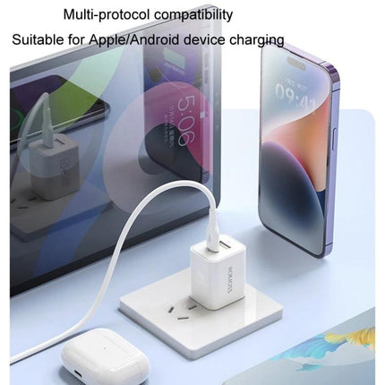 ROMOSS Charger for Daily Phone Use at Home or Travel - compact white wall charger shown powering phone, tablet and earbuds for home or travel use