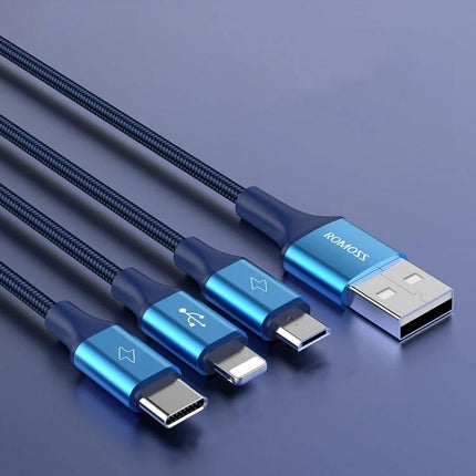 ROMOSS 3-in-1 Cable for Charging Devices at Home and Travel – blue braided USB-A to USB-C, Lightning and Micro-USB charging cable
