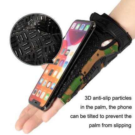 Outdoor Sports Non Slip Silicone Half Finger Gloves For Phone Grips - camo half-finger glove with 3D anti-slip palm holding a smartphone