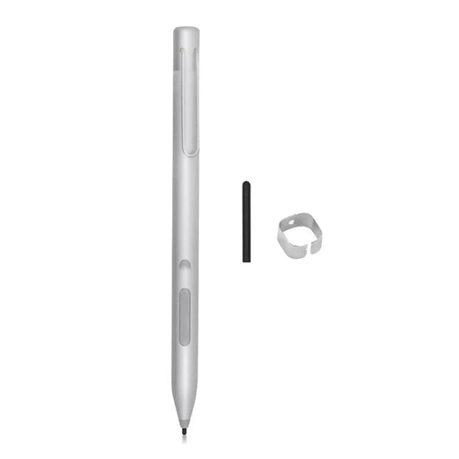 Capacitive Stylus Pen for Microsoft Surface with Silver Option shown with replacement nib and clip for precise note-taking and sketching