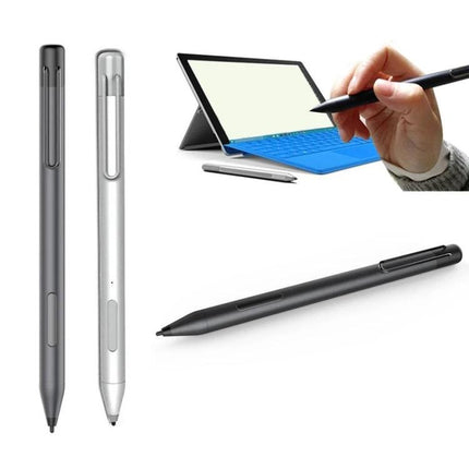 Capacitive Stylus Pen for Microsoft Surface with Silver Option - slim silver stylus next to Surface tablet for precise note-taking and sketching