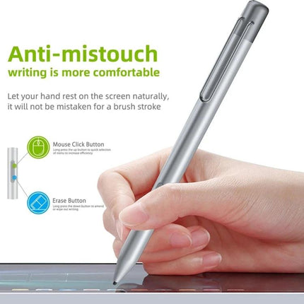 Capacitive Stylus Pen for Microsoft Surface with Silver Option being used to write on a Surface device, showing anti-mistouch and button functions
