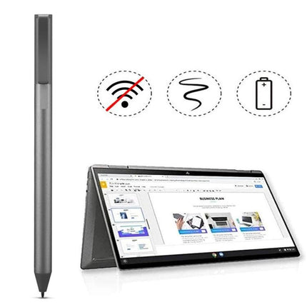 Aluminum Alloy USI Stylus for Laptop Touch Screens shown next to a convertible laptop illustrating battery operation, no pairing needed, and precise sketching