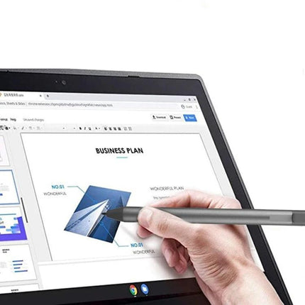 Aluminum Alloy USI Stylus for Laptop Touch Screens being used to annotate a business plan on a Chromebook touch screen