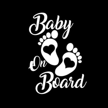 Reflective Baby On Board Car Stickers Set Of 10, 12.2x17.5 cm - white baby feet heart design on black background for car visibility