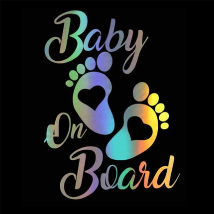 Reflective Baby On Board Car Stickers Set Of 10, 12.2x17.5 cm - holographic baby feet heart design on black background