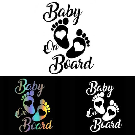 Reflective Baby On Board Car Stickers Set Of 10, 12.2x17.5 cm - black and holographic baby feet heart design for car visibility